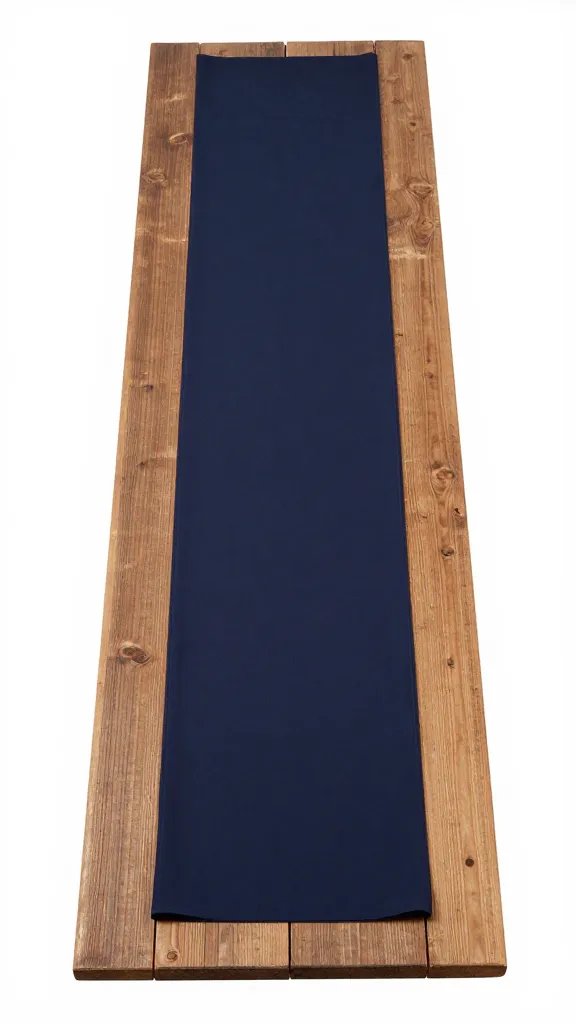 narrow chiffon runner centered on reclaimed pine board
