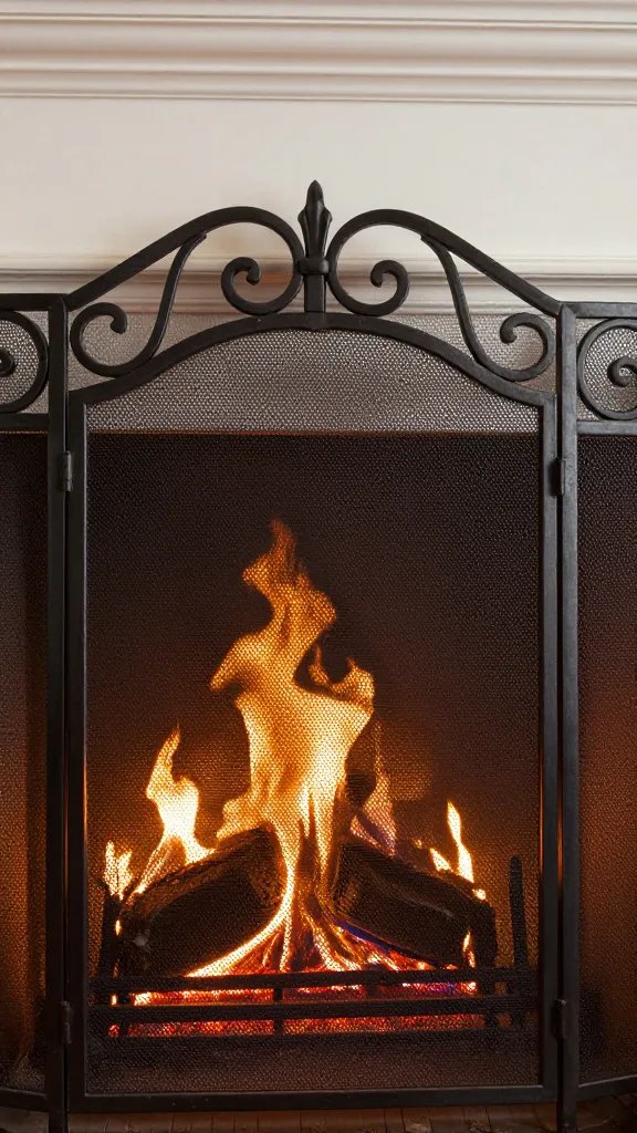 wrought-iron fireplace screen, closeup in warm firelight