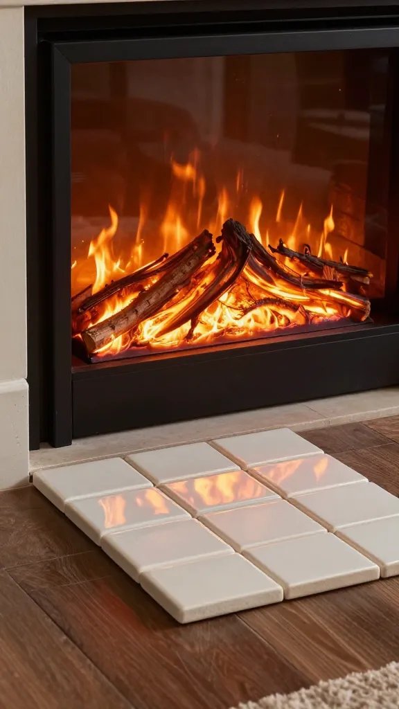 ceramic tile trivet beside hearth, ember glow reflection