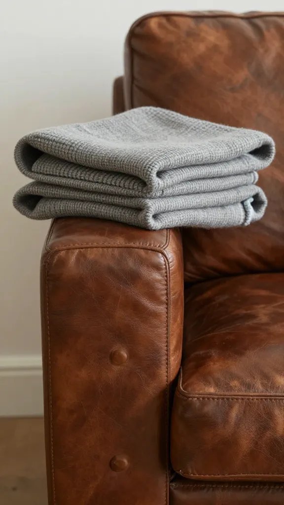 wool throw blanket folded on leather armchair armrest