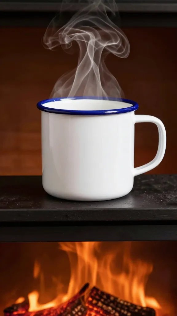 enamel camp mug steaming by fireplace, shallow depth