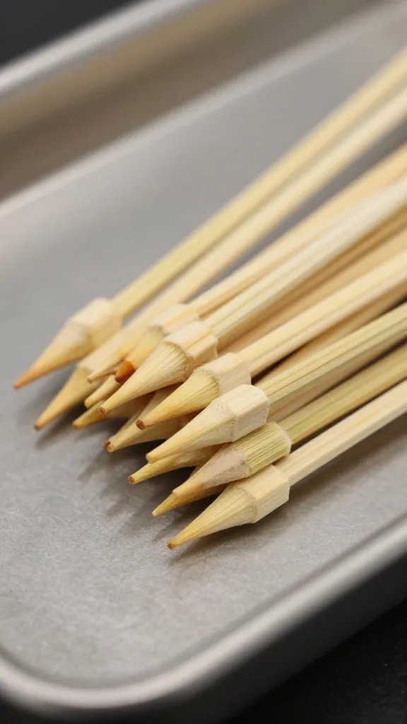 bamboo skewer tips resting on metal tray, macro