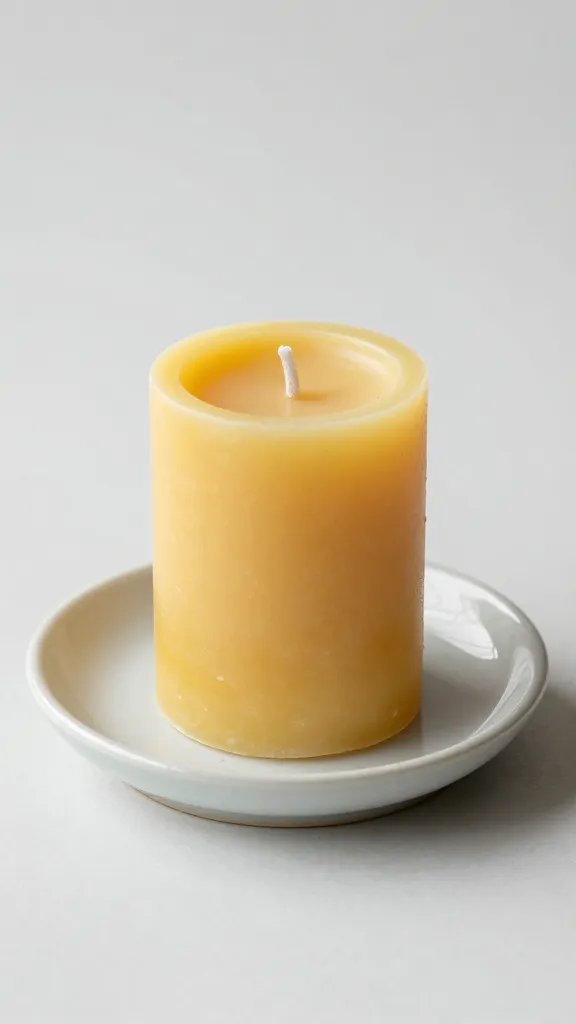 beeswax pillar candle melting on ceramic saucer