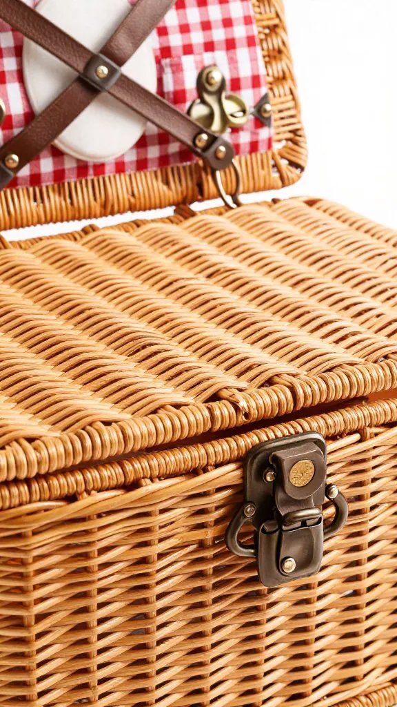 wicker picnic basket lid clasp, braided handle detail