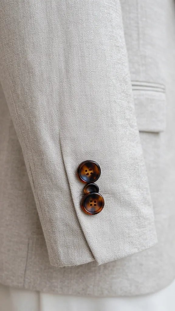 closeup of linen blazer sleeve with tortoiseshell button