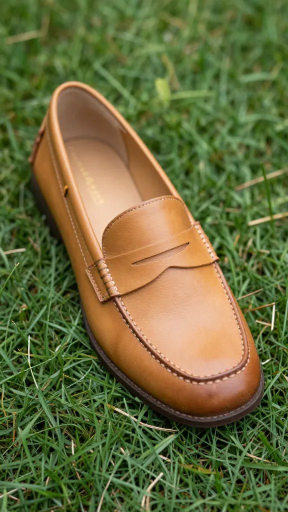 tan leather loafer on trimmed grass, slight toe scuff