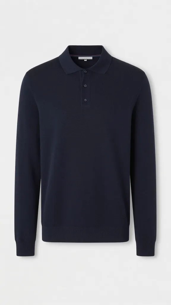 navy polo collar in piqué knit, top button open