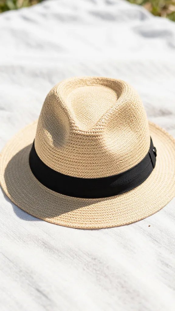 straw fedora with black band on sunlit picnic blanket