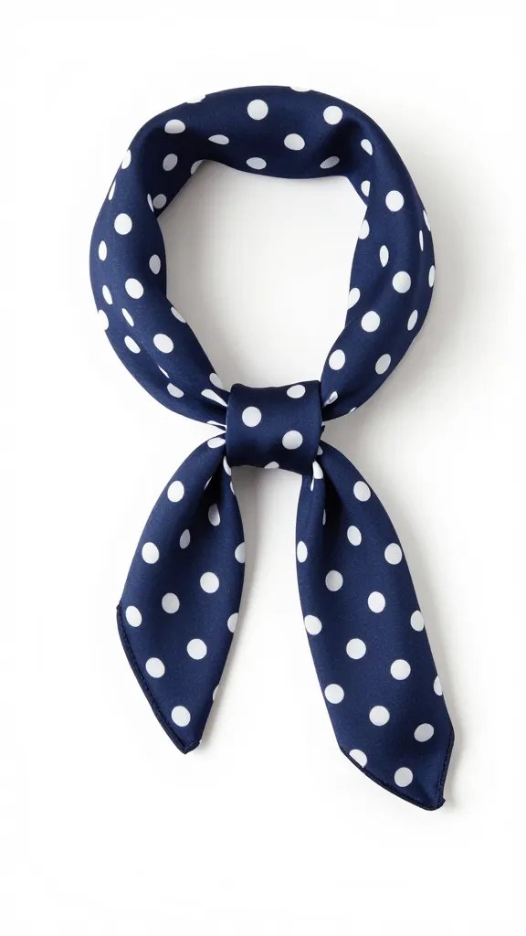 silk bandana knot at neck, navy with white dots