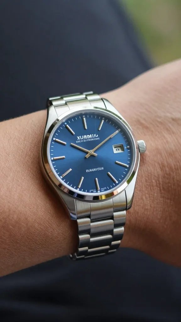 stainless dress watch on tanned wrist, blue dial