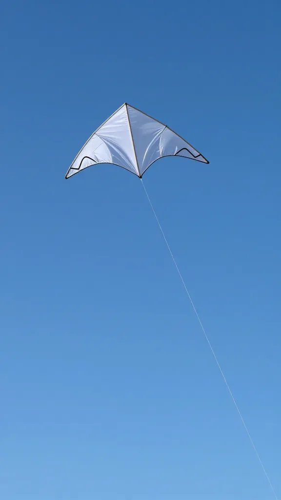 single lightweight nylon kite against blue sky, taut string