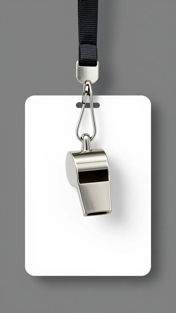 laminated rule card clipped to a whistle lanyard