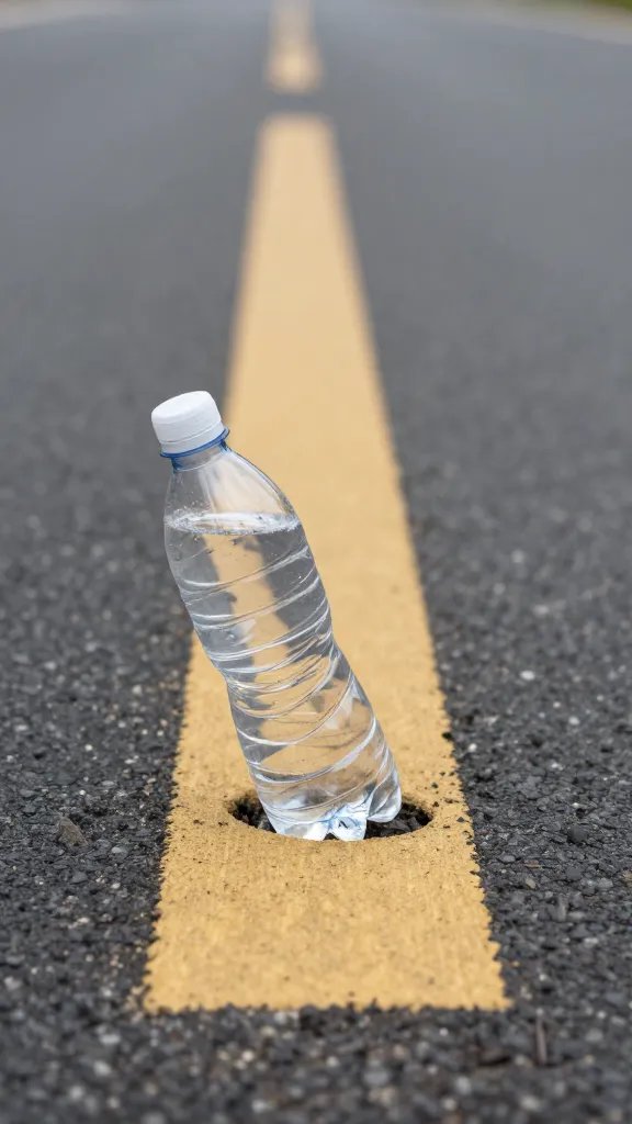 single plastic water bottle half-buried as lane marker