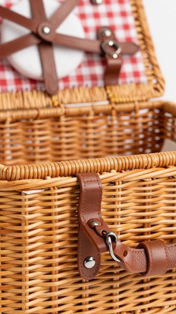 closeup of a rattan picnic basket with leather straps