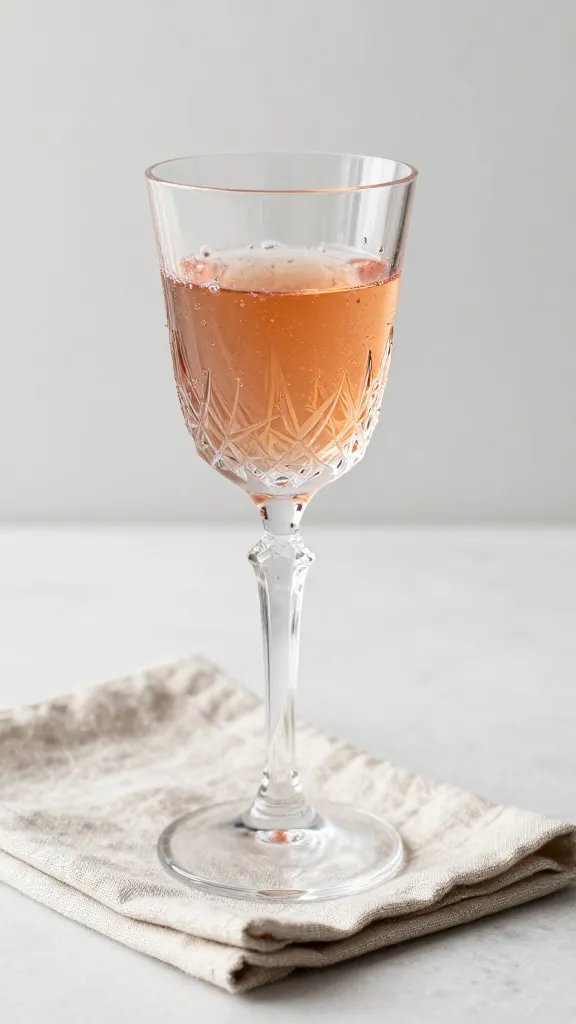 crystal coupe glass filled with rosé on linen napkin