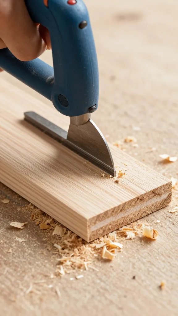 handsaw cutting single pallet deck board, wood shavings visible