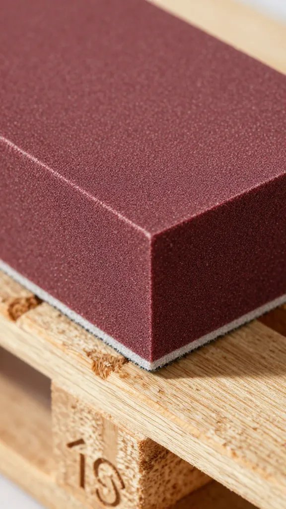 fine-grit sanding block on pallet edge closeup