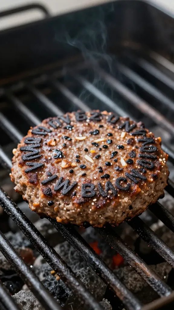 single labeled vegan burger patty on grill grate, sizzling