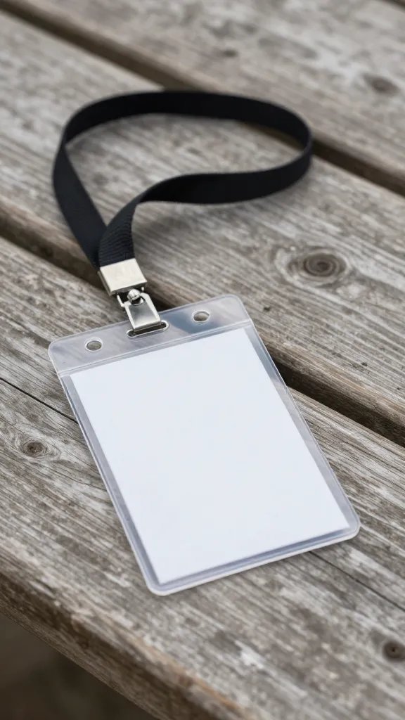 clear acrylic name badge with lanyard on picnic table wood