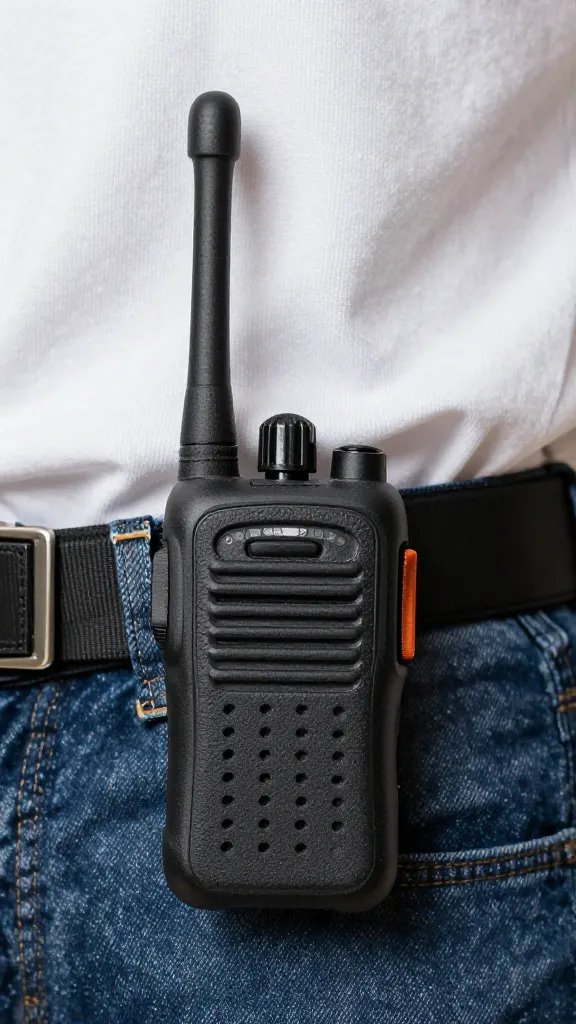 microfiber walkie-talkie with earpiece, clipped to belt
