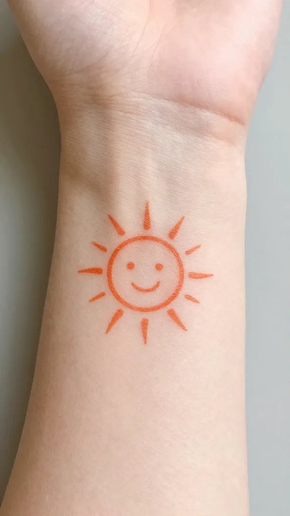 child-size wrist stamp of smiling sun, fresh ink on skin