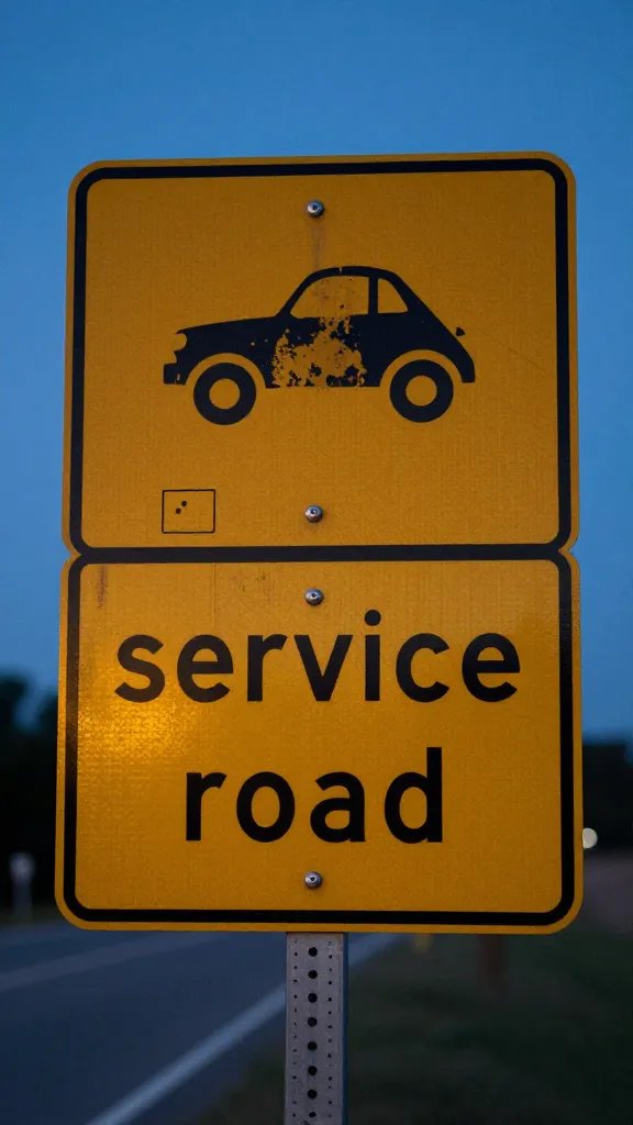 worn trail sign reading “service road” at dusk