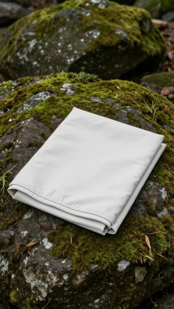 single folded picnic blanket on mossy rock