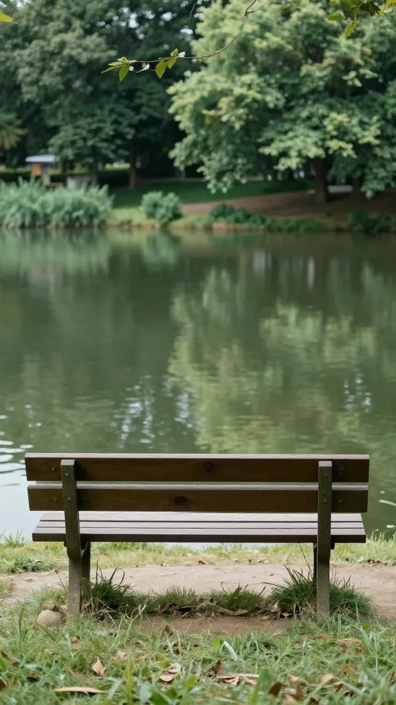 solitary wooden bench facing pond’s far bank