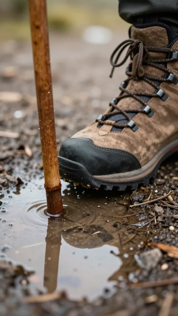 hiking boot tip beside puddle depth stick