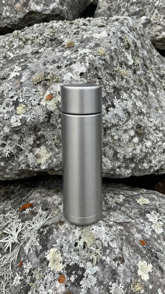 single thermos on lichen-covered boulder