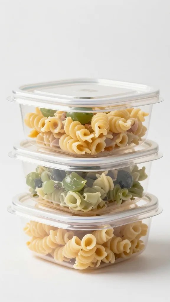 sealed clear deli container of pasta salad, macro