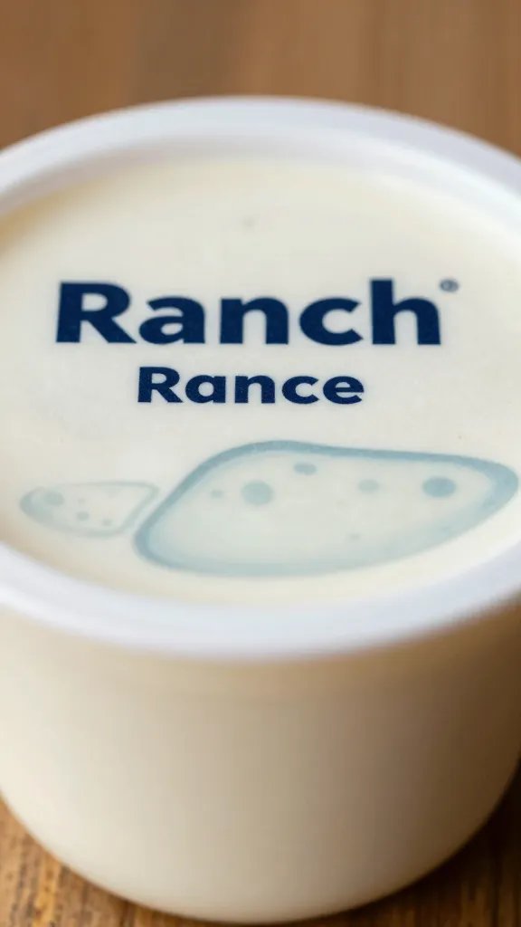 labeled portion cup of ranch dressing, closeup
