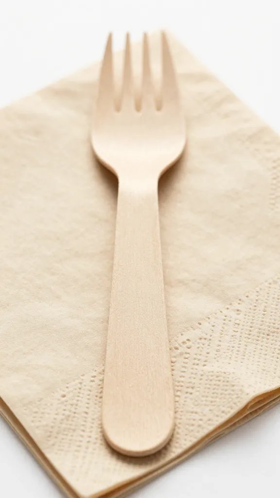 single compostable wooden fork on kraft napkin, closeup