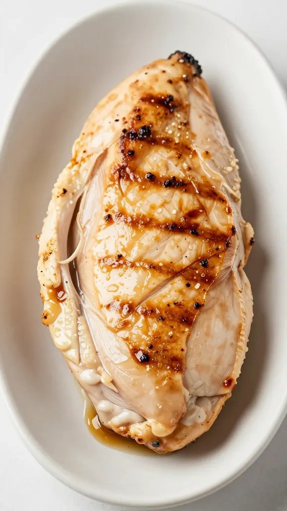 portioned grilled chicken breast in clamshell, closeup