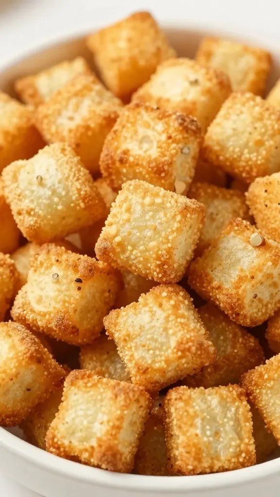 Closeup bowl of golden croutons on parchment