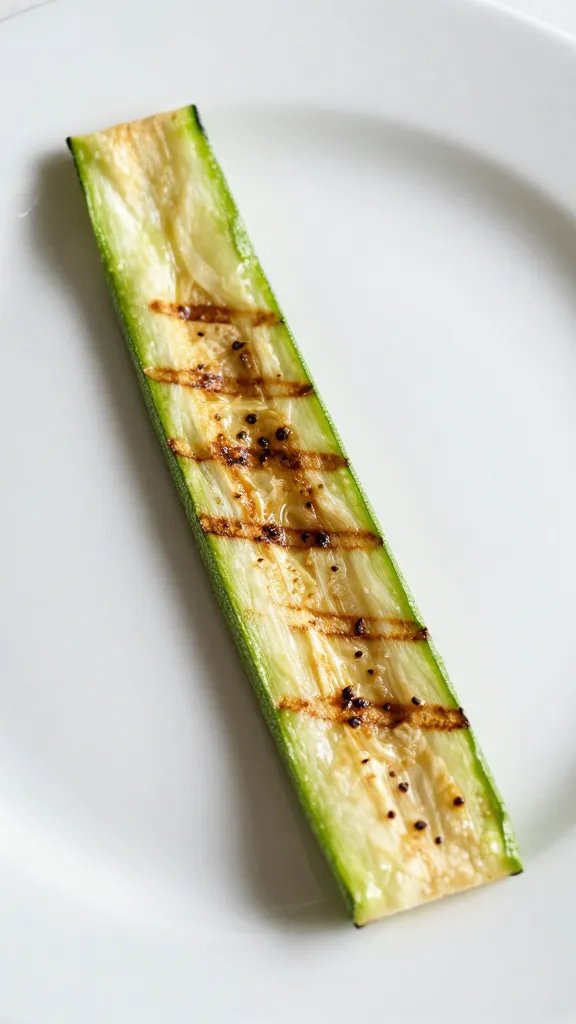 Single grilled zucchini ribbon on white plate