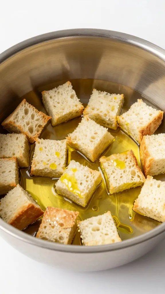 Stainless bowl tossing bread cubes with olive oil