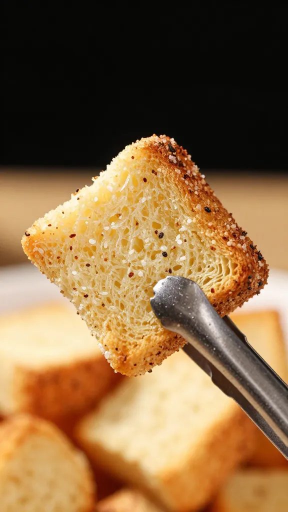 Closeup of seasoning-salted crouton held by tongs