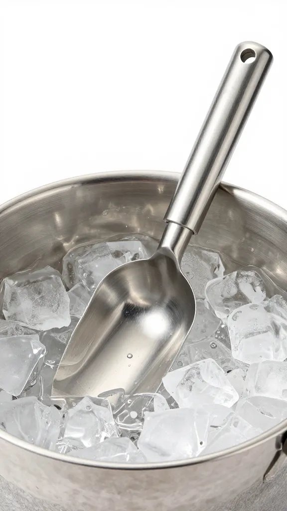 stainless steel ice scoop resting in ice bucket