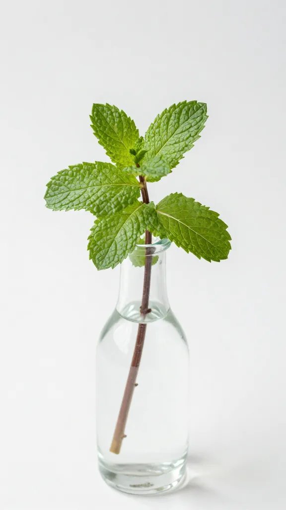 fresh mint sprig in narrow glass bud vase