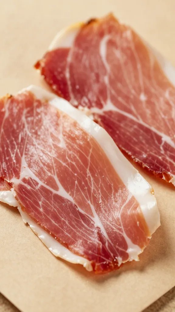 Prosciutto di Parma ribbons on brown parchment, closeup