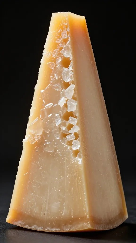 Wedge of Parmigiano Reggiano with crystalline texture, macro