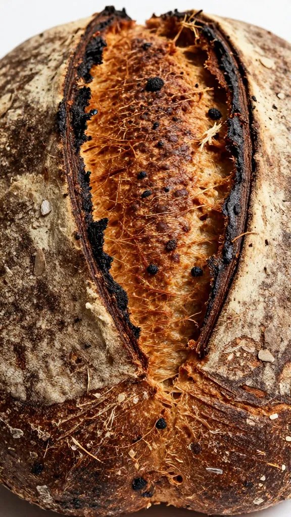 Rustic country loaf crust detail, high-contrast closeup