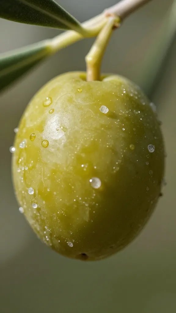Single Castelvetrano olive with sea-salt sheen, macro
