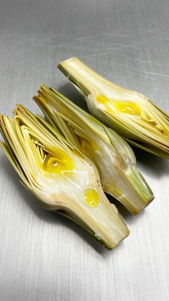 Oil-packed artichoke heart on brushed steel surface, closeup