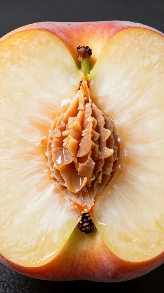 Halved ripe nectarine with visible stone, macro