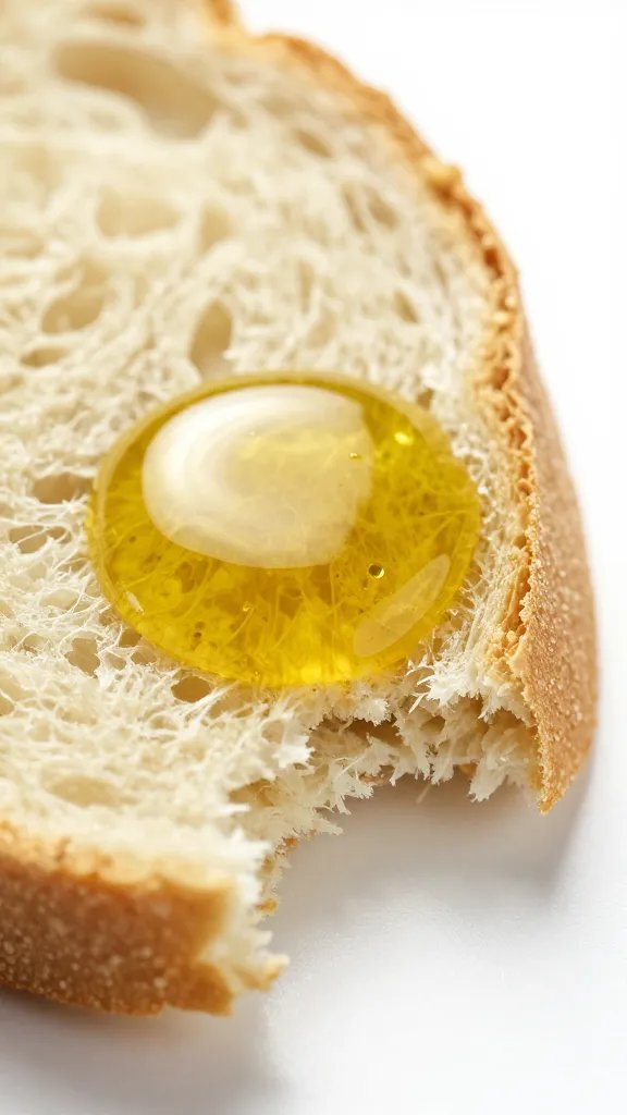 Thick olive oil droplet on torn bread crumb, macro