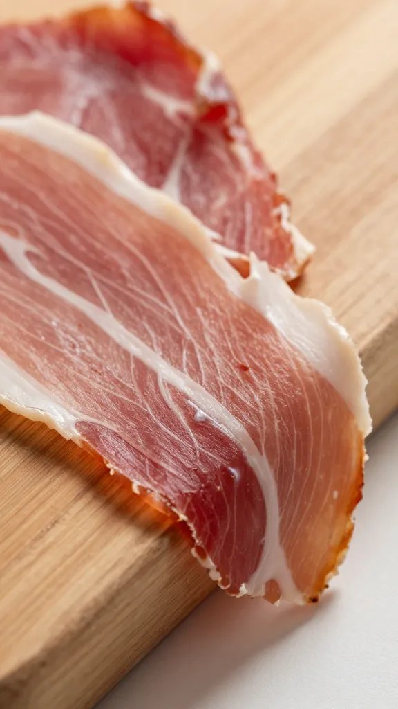 Prosciutto slice draped over wooden board edge, closeup