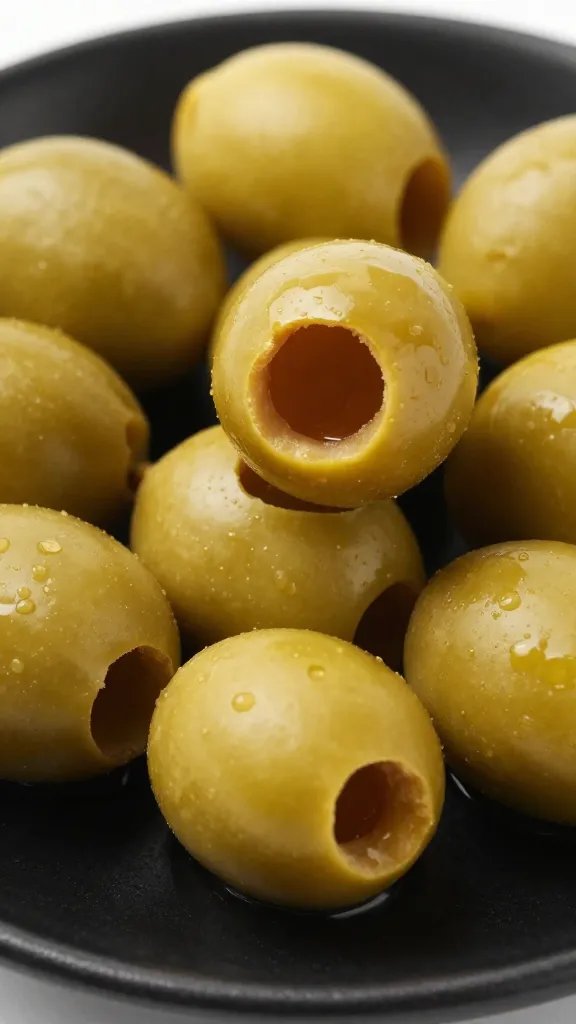 Cracked green olive on matte black plate, closeup