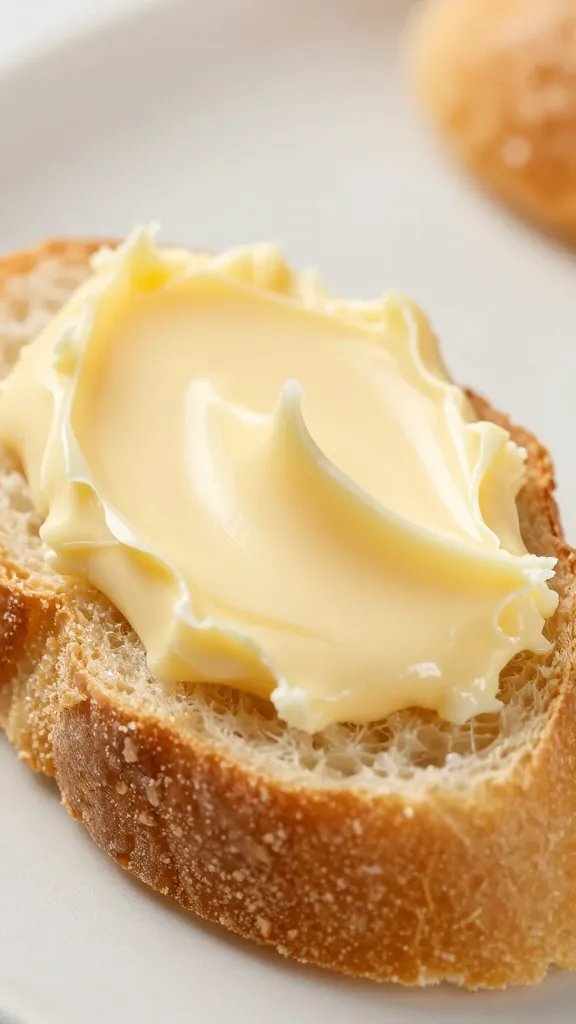 softened butter spread on mini baguette slice, macro